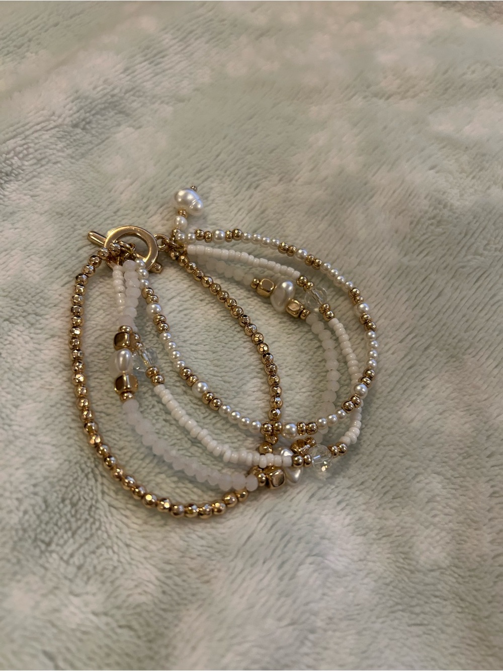 Gold & White Multi-Strand Beaded Bracelet - Women Jewelry